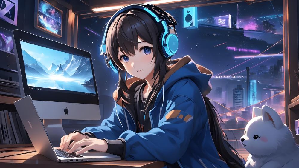Anime Gamer Girl with Headphones in Futuristic Setting wallpaper