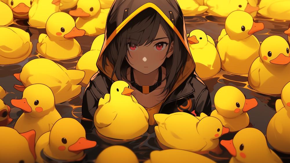 Anime Girl Surrounded by Yellow Ducks in Hoodie Art wallpaper