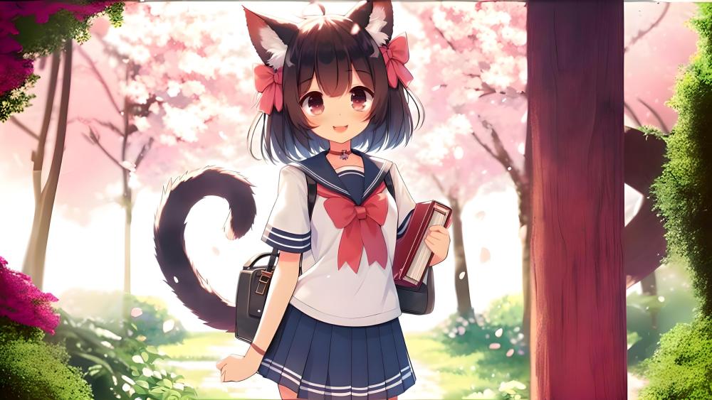 Anime Catgirl in Cherry Blossom School Pathway wallpaper