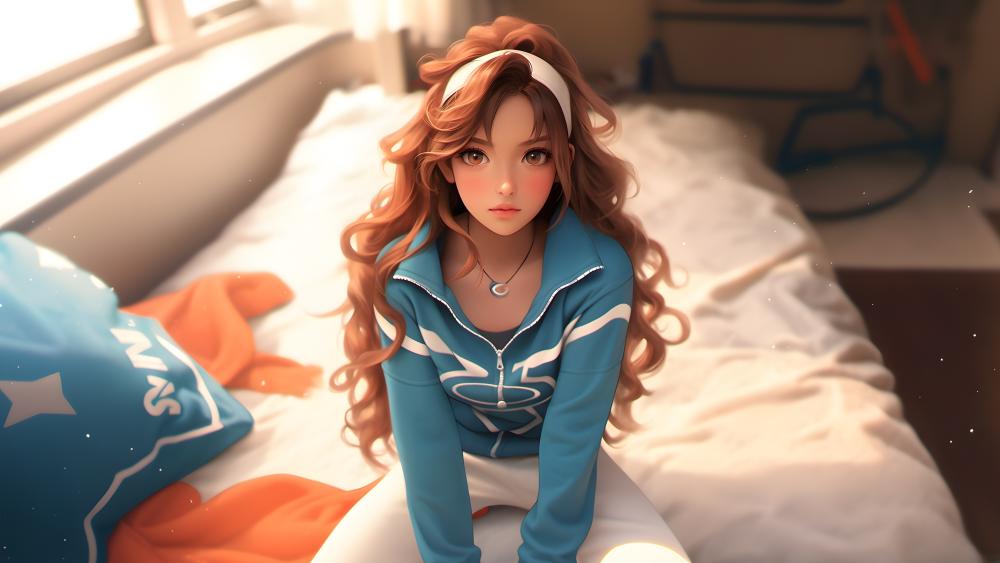 Curly-Haired Anime Girl in Serene Room Setting wallpaper