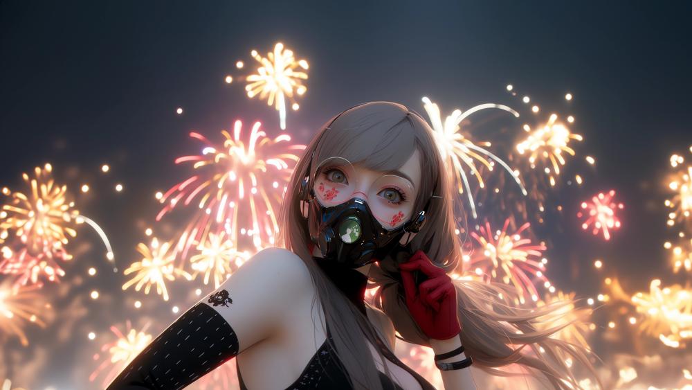 Fireworks and Mystery Masked Anime Girl in 4K Art wallpaper