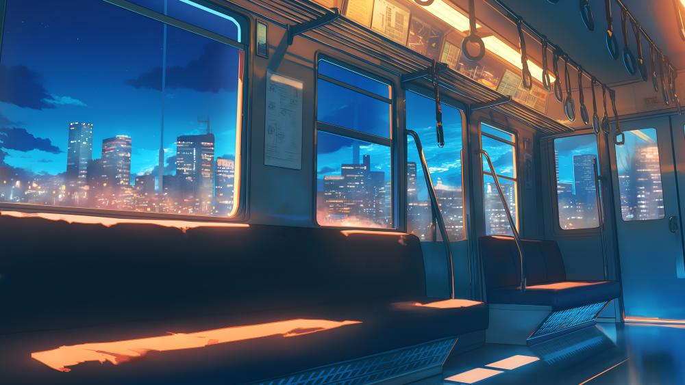 Dusk Train Journey in an Anime City wallpaper