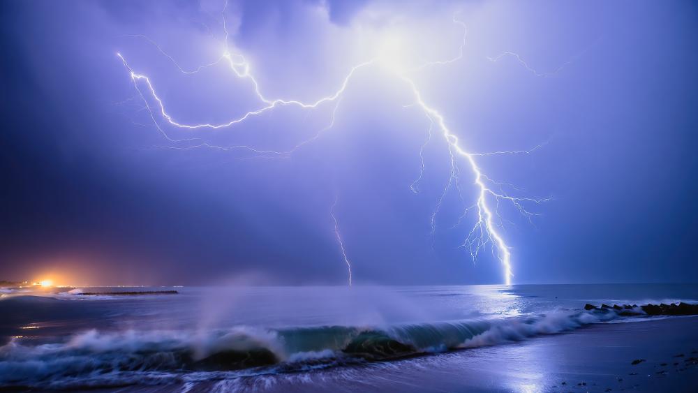 Stormy Evening by the Sea with Lightning wallpaper
