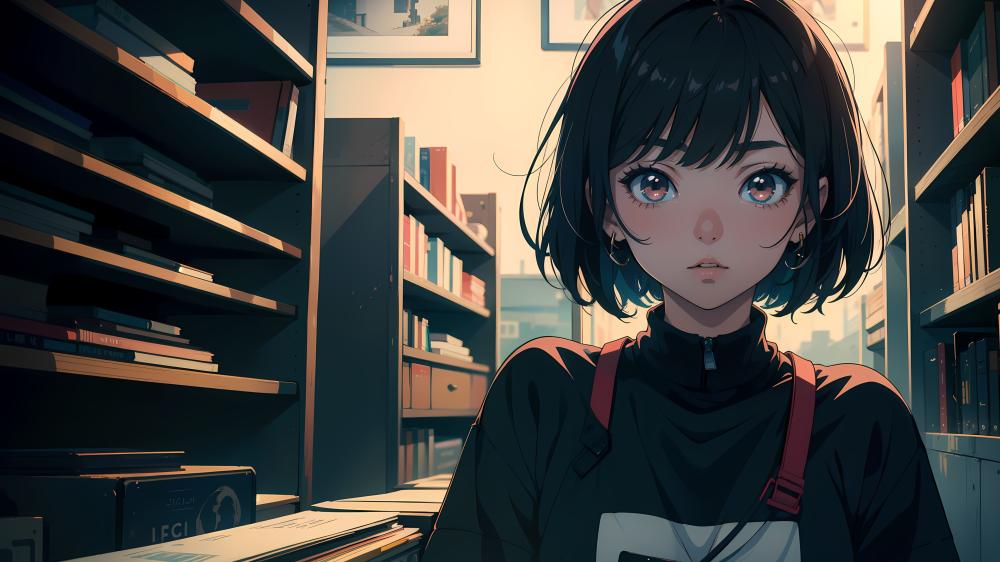 Anime Girl in Serene Library Setting wallpaper