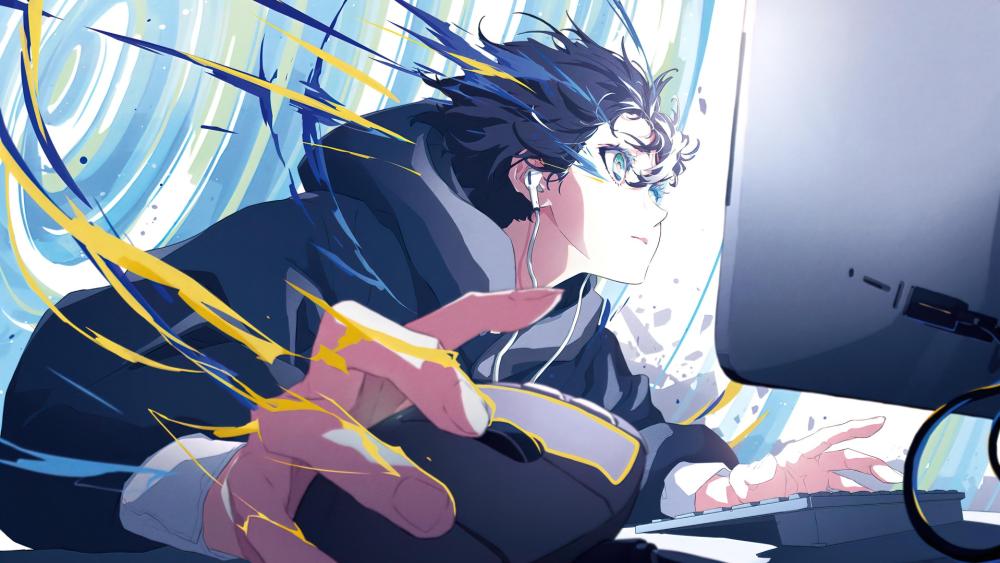 Anime Gamer Immersed in Digital World wallpaper