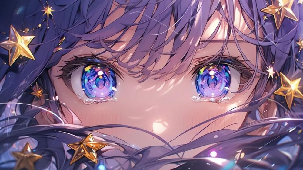 Sad Anime Girl with Sparkling Blue Eyes wallpaper