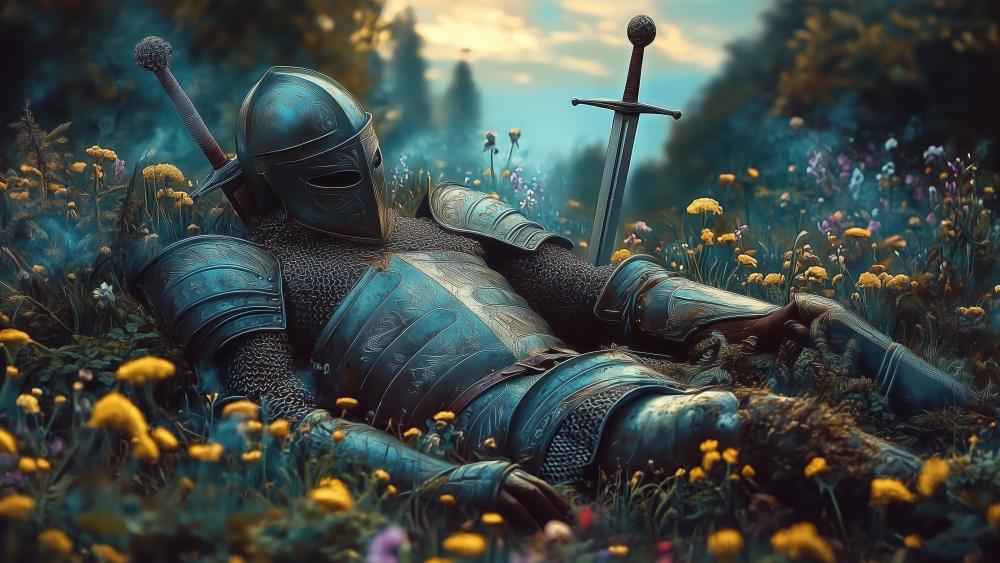 Knight's Tranquility in a Blooming Meadow wallpaper