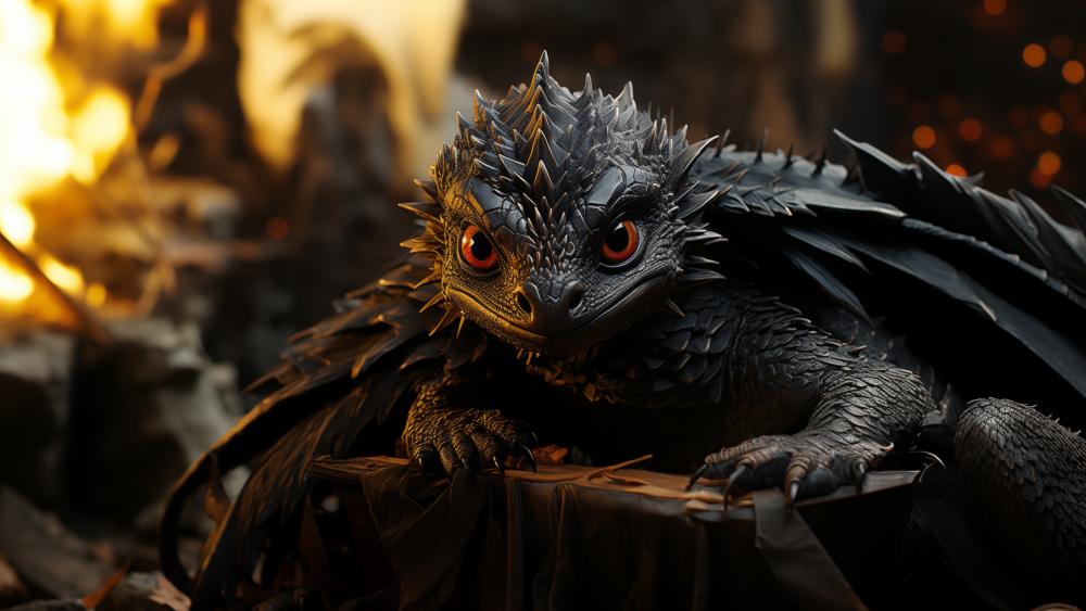 Baby Black Dragon in Enchanted Realm wallpaper