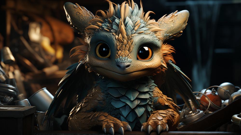 Baby Dragon's Enchanting Gaze in Fantasy Realm wallpaper