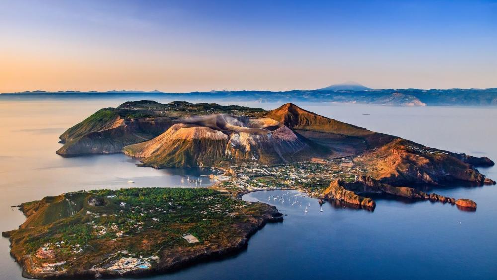 Breathtaking Vulcano Island Aerial View at Sunset wallpaper