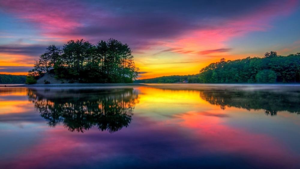 Colorful Dusk Reflections Over Tranquil Islet wallpaper
