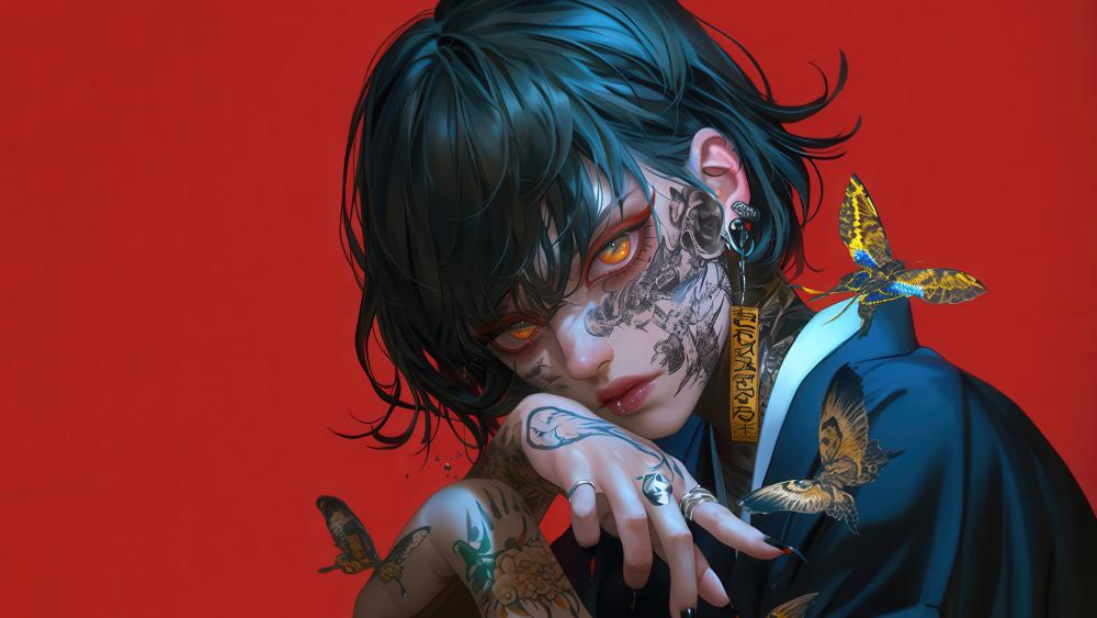 Tattooed Anime Girl with Butterflies in 4K wallpaper