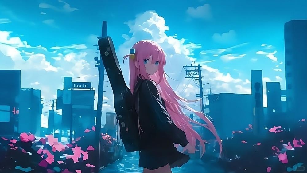 Pink-Haired Guitarist in a Dreamy Cityscape wallpaper