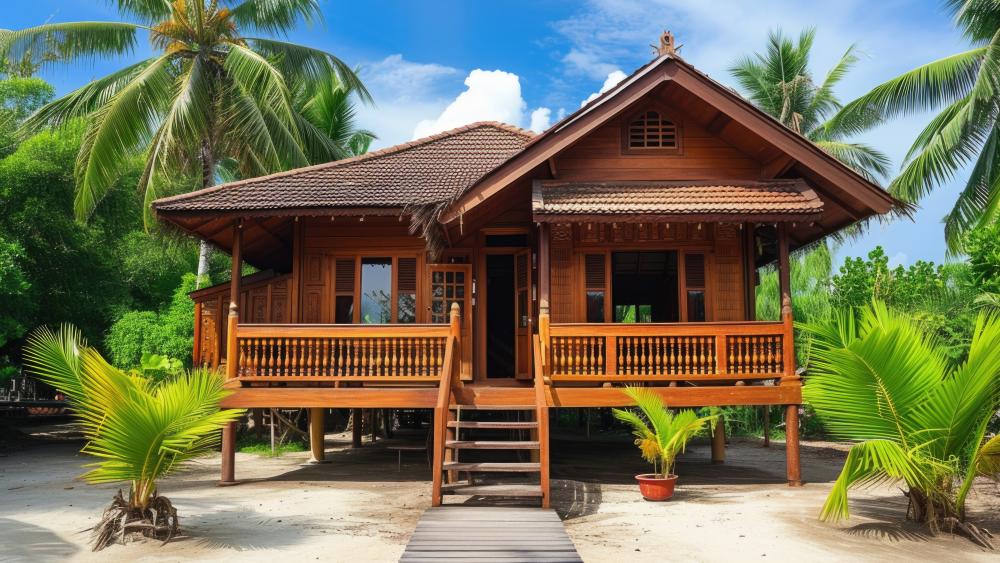 Wooden Tropical Escape with Lush Palm Surroundings wallpaper