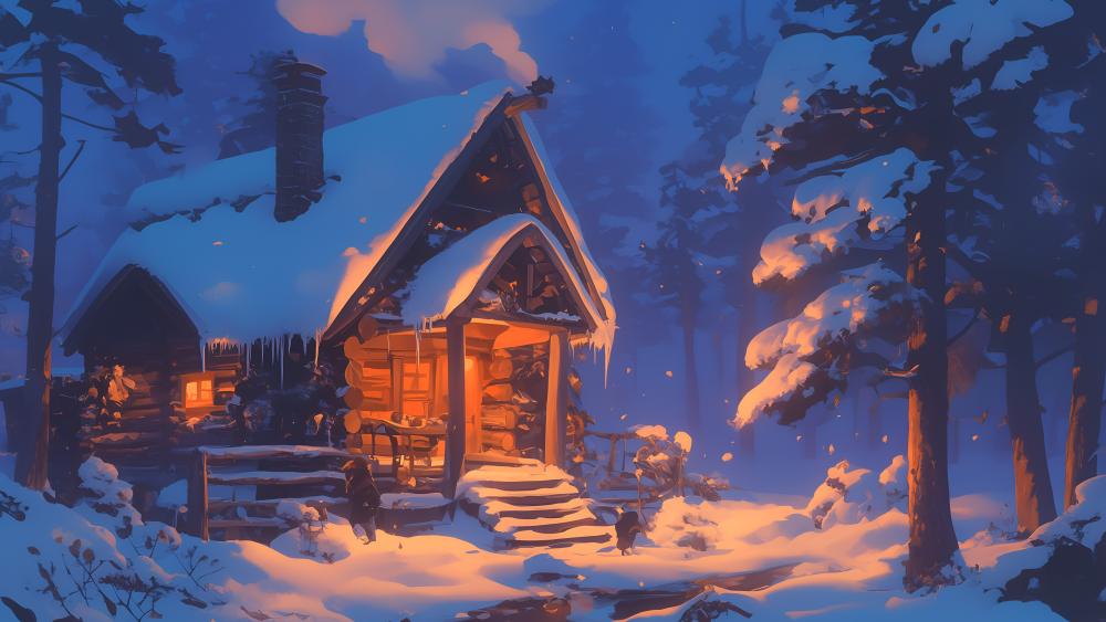 Snowy Cabin Serenity at Night wallpaper