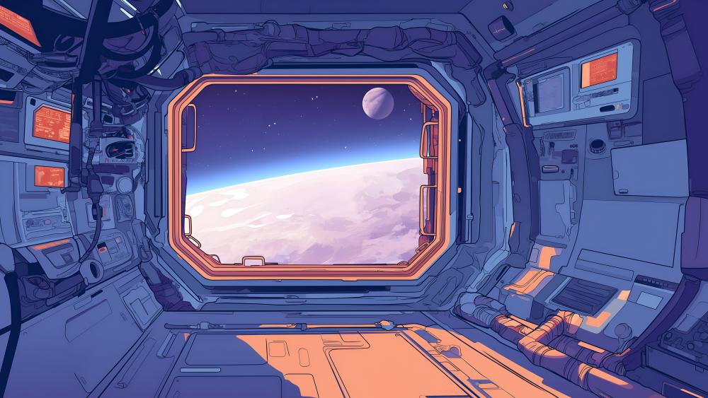 Futuristic Spacecraft View of Distant Planet in Anime Style wallpaper