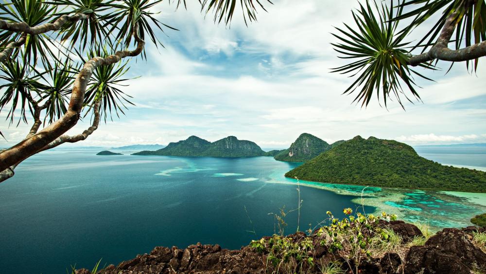 Paradise View over Turquoise Waters and Lush Islands wallpaper