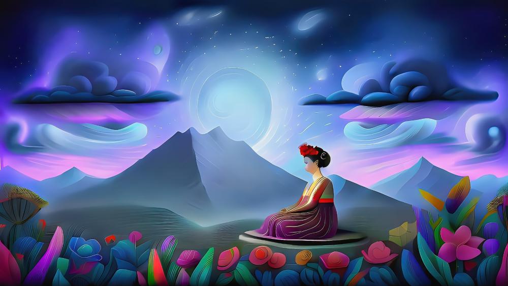 Moonlit Serenity Meditation in an Oriental Fantasy Landscape wallpaper