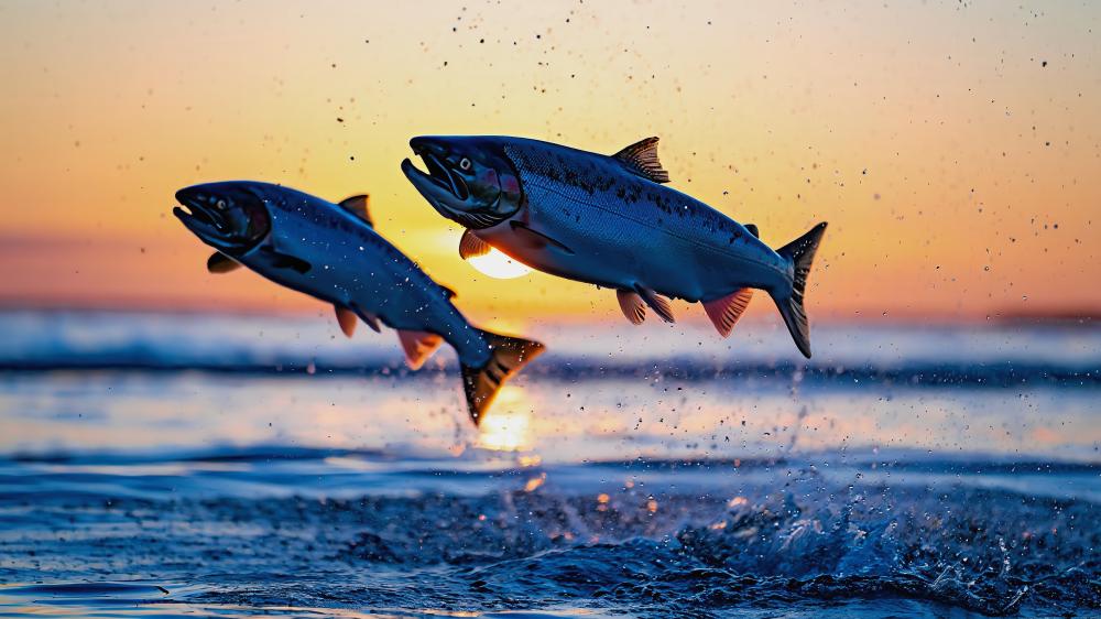 Jumping Salmon at Sunset Magic wallpaper