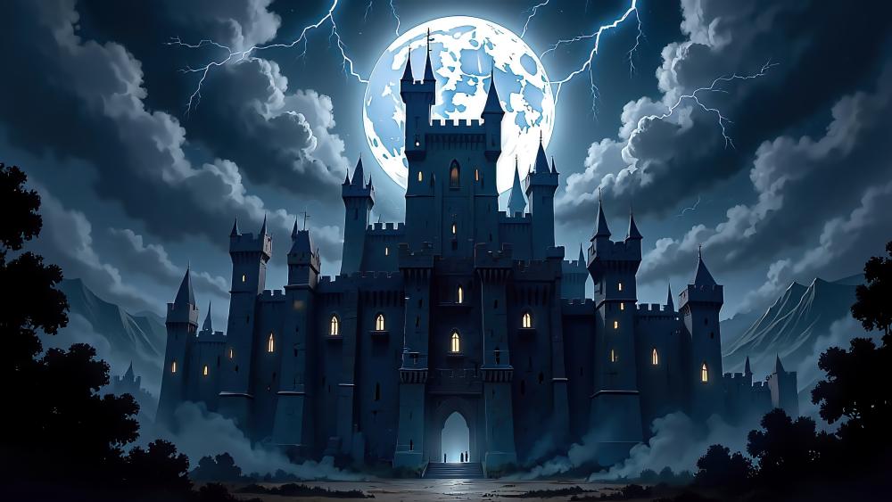 Midnight Castle Under Lightning and Moonlight wallpaper