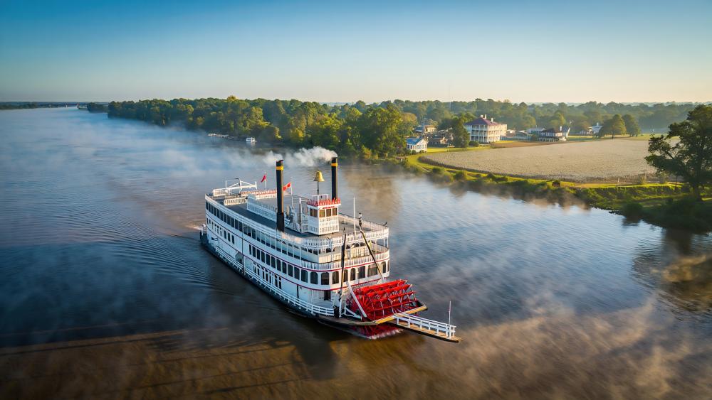 Riverboat Serenity on Morning Waters wallpaper