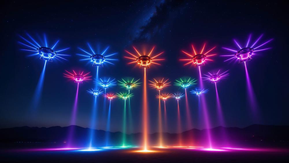 Neon Drones Illuminate Night Sky in Laser Show wallpaper