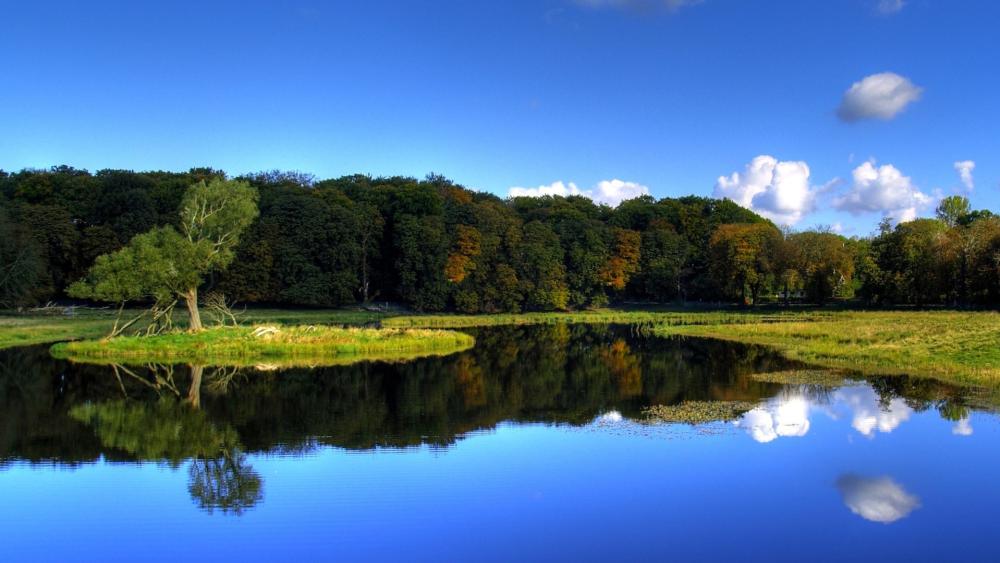 Serene Lake Reflections under Fluffy Clouds wallpaper