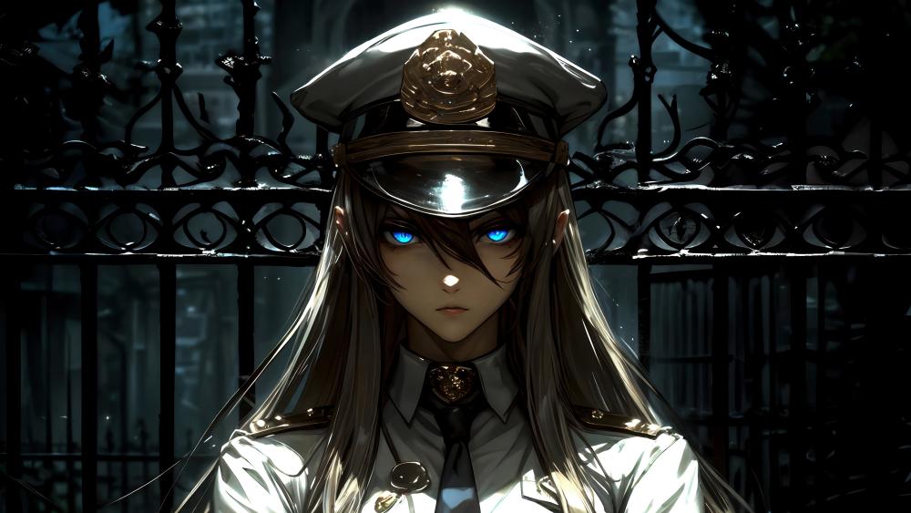 Anime Girl in Uniform: Mystical Protector Patrols Nighttime Streets wallpaper