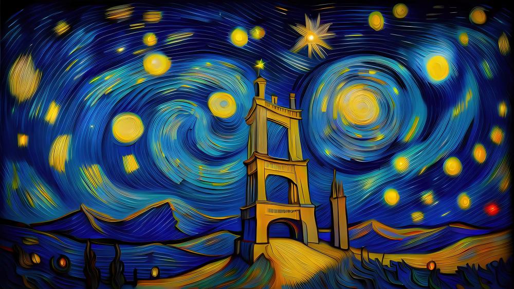 Starry Psychedelic Tower Dreamscape wallpaper