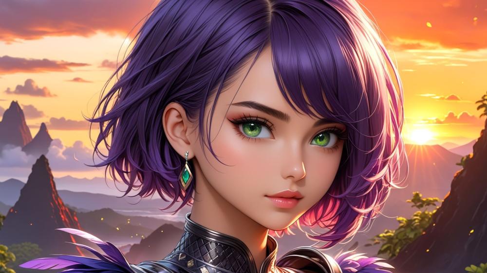 Purple-Haired Anime Beauty at Sunset wallpaper