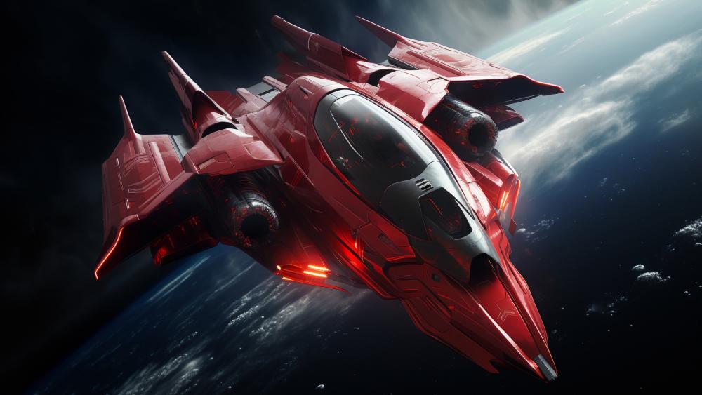 Futuristic Crimson Spaceship in Orbit wallpaper