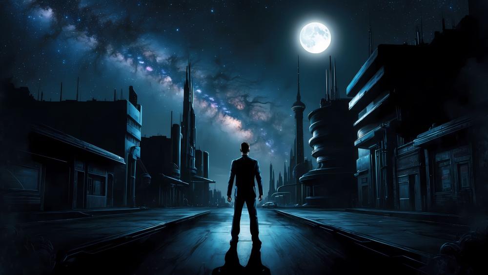 Man Under Moonlit Sky in Dark Cityscape wallpaper