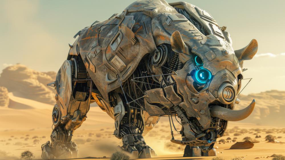 Futuristic Rhino in Desert Wasteland wallpaper