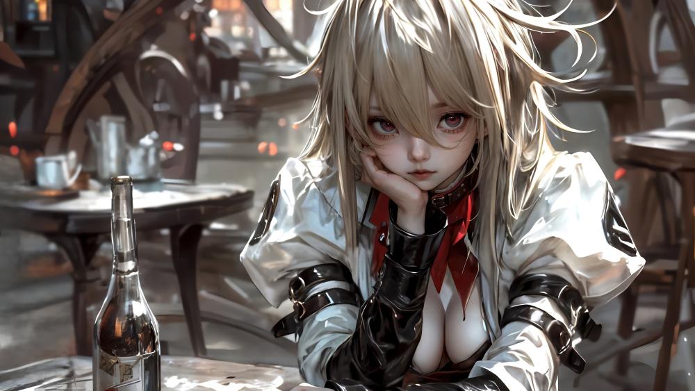 Anime Girl in a Mysterious Bar Setting wallpaper