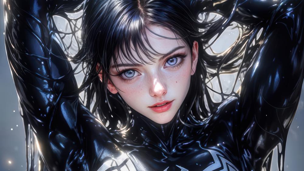 Anime beauty with striking blue eyes and black hair wallpaper