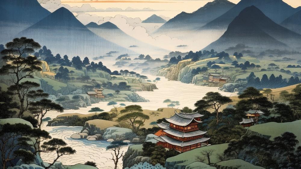 Ancient Tranquility in a Digital Japanese Landscape wallpaper