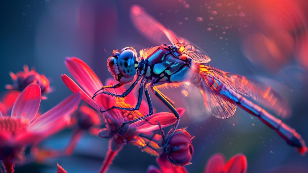 Neon Dragonfly on Blossoms AI Art wallpaper