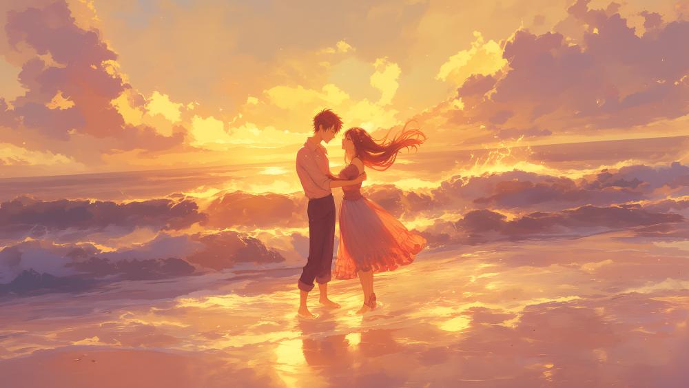 Sunset Serenity: A Romantic Anime Moment on the Beach wallpaper
