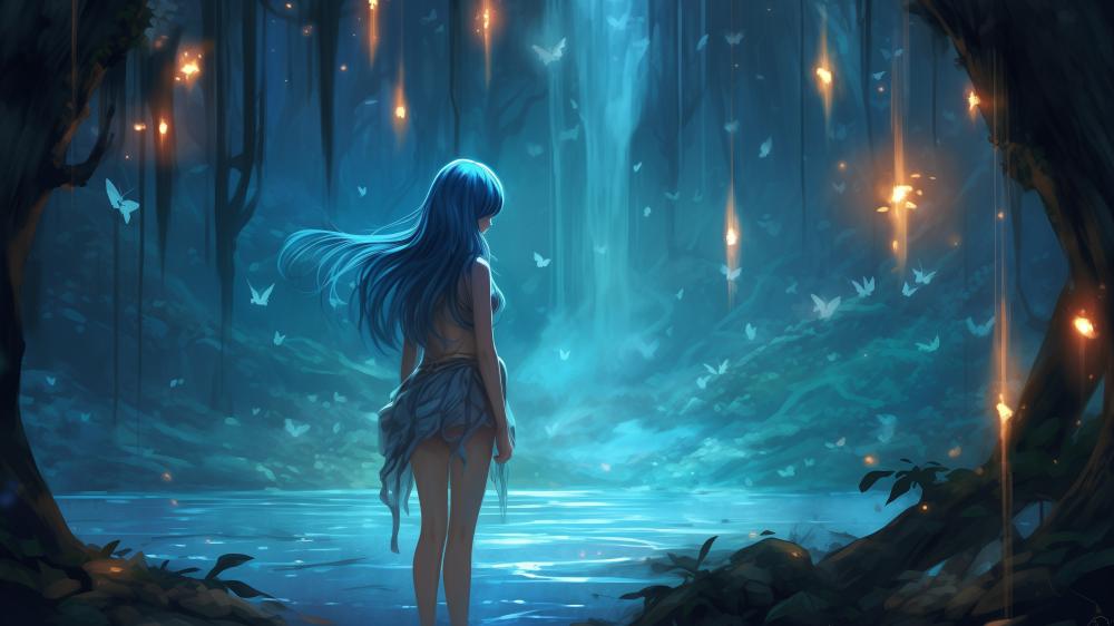 Enchanted Forest Guardian with Blue Hair wallpaper