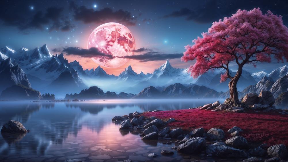 Moonlit Tranquility by the Lake's Edge wallpaper