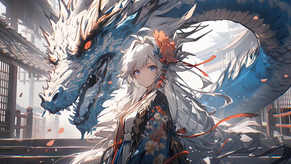 Anime Fantasy Dragon and Enigmatic Girl Scene wallpaper