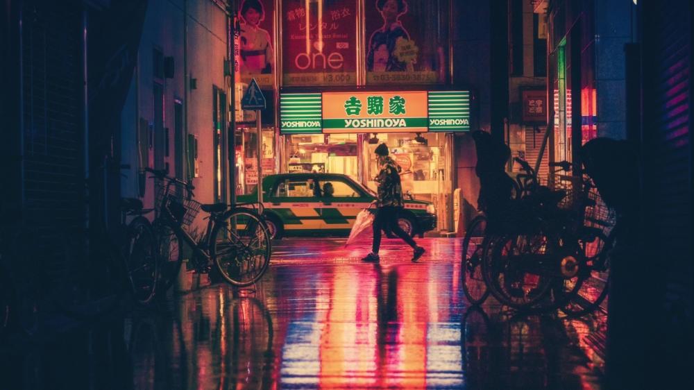 Osaka Nightlife Mystique in a Rainy Alleyway wallpaper