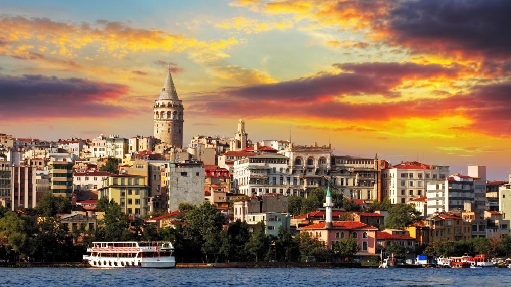 Galata Tower at Sunset Overlooking Istanbul's Cityscape wallpaper
