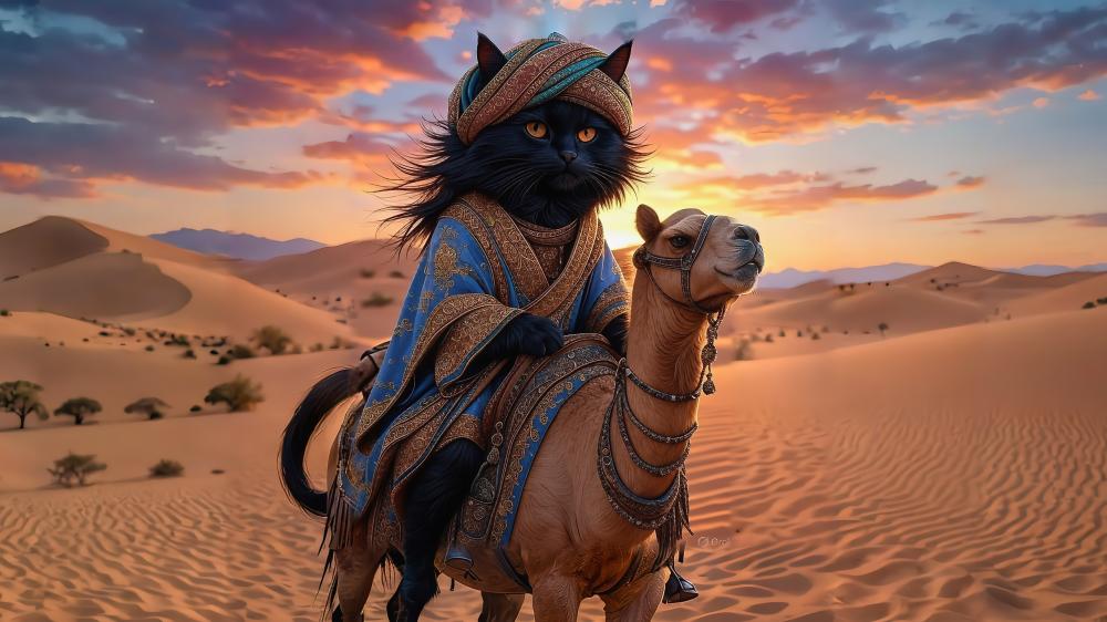 Camel Ride with a Stylish Feline Friend wallpaper
