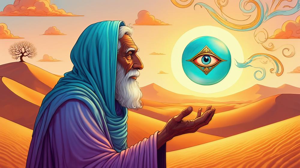 Mystical Sage and the All-Seeing Eye in Desert wallpaper