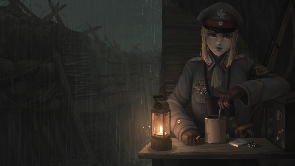 Anime Soldier's Solitude in Candlelit Rain wallpaper