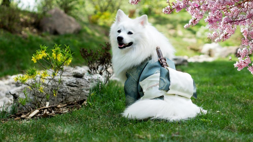Japanese Spitz in Serene Garden Setting wallpaper