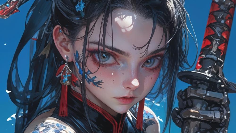 Katana-Wielding Anime Girl with Big Eyes in 4K Style wallpaper