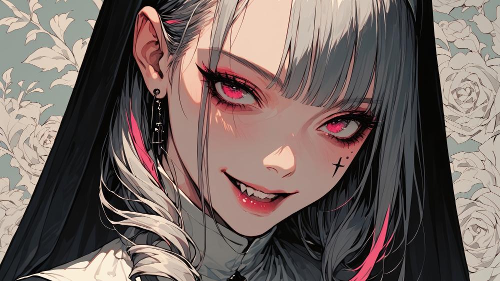 Gothic Anime Nun with Silver Hair and Red Eyes wallpaper