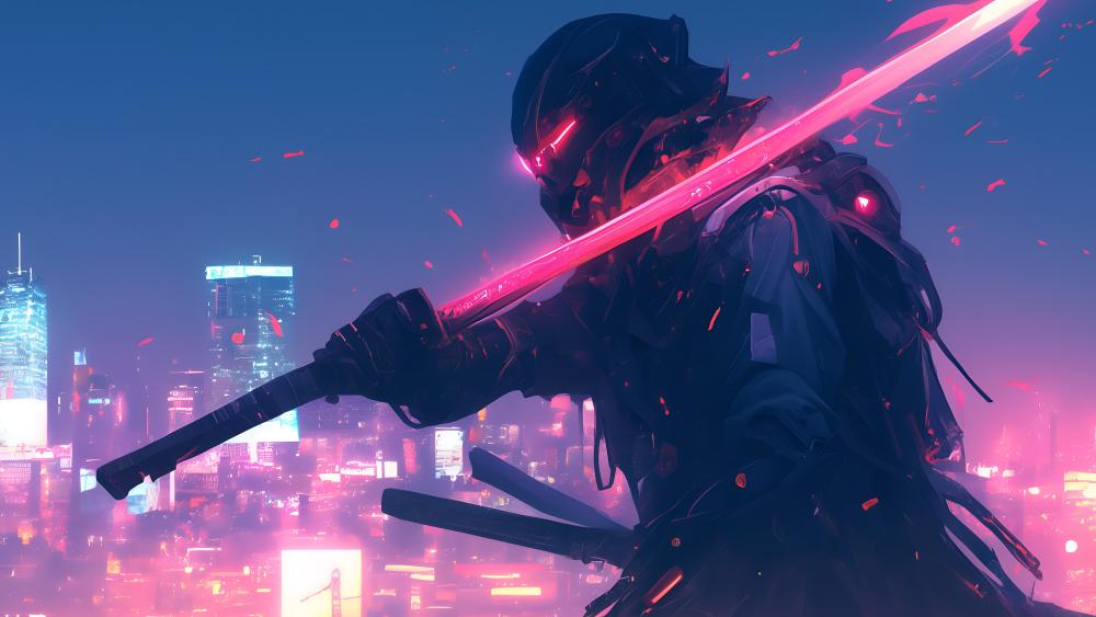 Neon-Bladed Cyberpunk Samurai in Futuristic Cityscape wallpaper